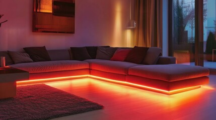 Aufkleber - Modern living room featuring stylish LED strip lighting in a cozy setting during the evening