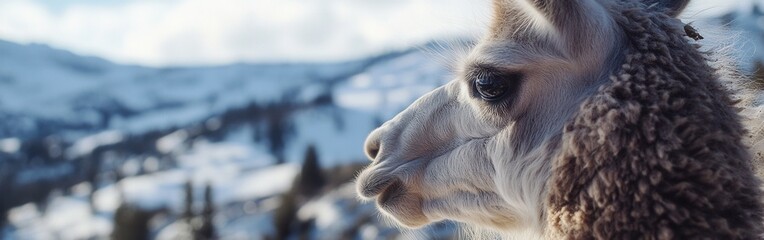 Poster - Capturing the serene expression of a llama against a snowy mountainous backdrop in daylight