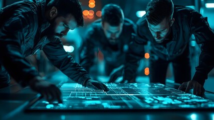 Poster - Futuristic digital forensics experts tracing a cyber breach with glowing high tech tools and an advanced defense system no text  Concept of cybersecurity data investigation and threat response