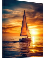Poster - sailboat heading toward a vibrant sunset over the ocean.