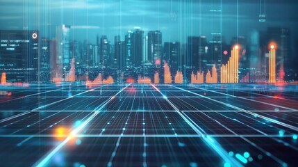 Poster - Glowing dynamic double exposure of a futuristic cityscape with data visualization elements at night