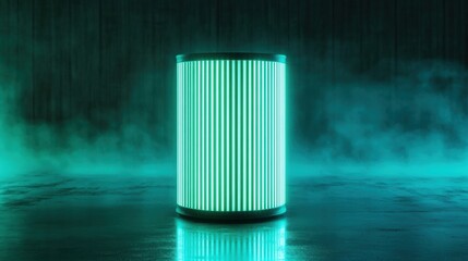 Poster - futuristic glowing cylinder with vertical stripes against a misty background, creating a surreal atm