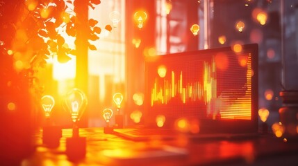 Poster - Creative startup office environment with glowing light bulbs and sunset reflections