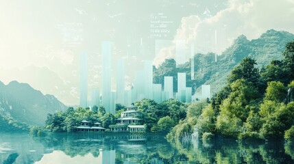 Aufkleber - Creative visualization of finance intertwining with nature and contemporary architecture in a serene landscape