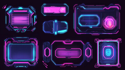 Poster - Hud callout titles. Digital info boxes, information frames and cyberpunk call box bars. Digital control panel messages futuristic borders or frames, game interface neon vector titles or banners
