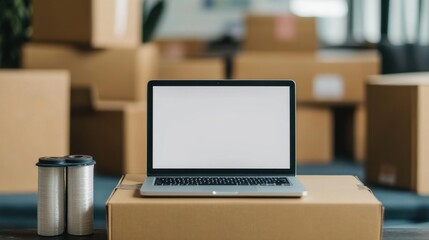 Aufkleber - Modern workspace featuring a blank screen laptop on cardboard box among storage boxes