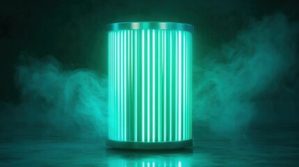 Poster - a glowing green cylinder emits light through vertical stripes, surrounded by swirling fog in a dark 