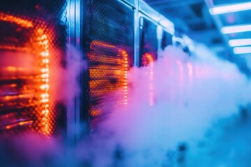 Poster - A vibrant technological scene with illuminated servers and colorful smoke, creating a futuristic environment.