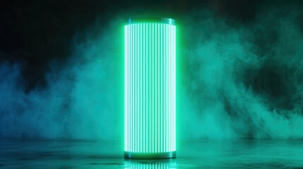 Poster - A glowing green cylinder surrounded by mist, creating a mysterious and futuristic atmosphere in low light.