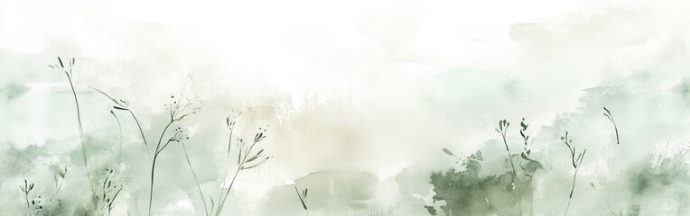 Poster - Gentle pastel mint watercolor landscape with delicate flora in a serene, calming composition