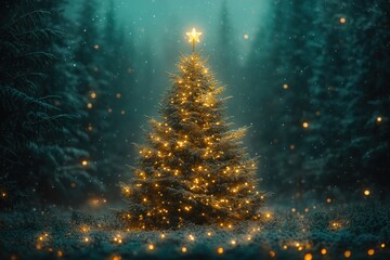 Poster - Festive Christmas Tree with Bokeh Lights and Star on Top Celebrating Winter Holidays