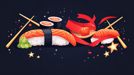 Japanese cuisine icon. Sushi set, salmon fish, wasabi, chopsticks, red ribbon, stars elements. Template label for restaurant, eatery menu card. Japan food premium quality restaurant label