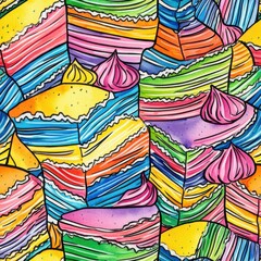 Aufkleber - Colorful watercolor doodles of layered cakes showcase vibrant designs and whimsical patterns