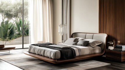 Poster - Modern bedroom design with elegant glass nightstands and a serene outdoor view enhances comfort and style