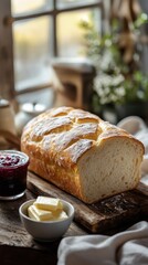 Aufkleber - Fresh loaf of bread with butter and jam presented on a rustic wooden table in a cozy kitchen setting