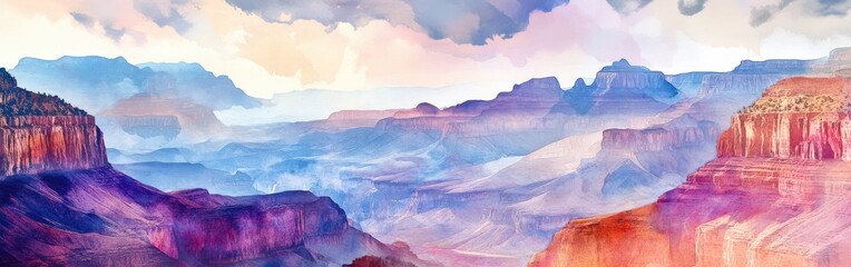 Poster - Breathtaking watercolor landscape capturing the Grand Canyon at sunrise with vibrant hues illuminating the rocky cliffs