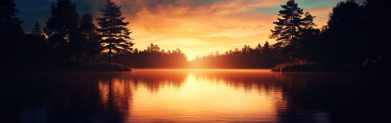 Poster - Calm sunset over tranquil lake surrounded by dense trees reflecting vibrant colors