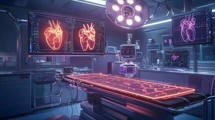 Poster - Innovative Quantum Powered Cardiac Surgery Suite with Glowing Anatomical Projections and Advanced Diagnostics for Precision Surgical Procedures
