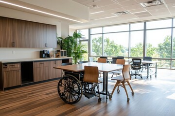 Poster - Inclusive office break room with wheelchair accessible features and sign language interpreters modern workspace collaborative environment bright open view