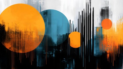 Canvas Print - Abstract Orange Teal Circles Cityscape Painting