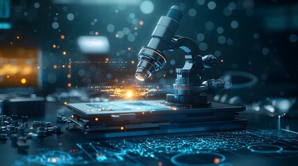 Poster - Quantum Powered Precision Tools Measuring Atomic Level Changes in Advanced Materials with Glowing Data Projections and Copy Space at the Bottom