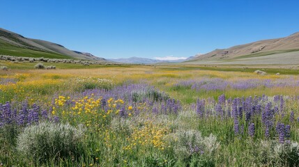 Aufkleber - Vibrant field of wildflowers swaying gently under the clear blue sky in a serene valley landscape