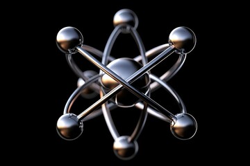 Aufkleber - 3D Illustration of a Metallic Atom Model with Orbiting Electrons in a Dark Background