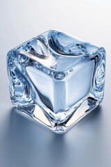 Poster - crystal clear ice cube on reflective surface, showcasing intricate textures and light reflections in
