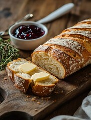 Aufkleber - Freshly baked artisan bread sliced and served with butter and jam on a wooden cutting board