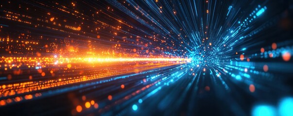 Poster - Futuristic Digital Landscape Cyberpunk High Contrast Technology Abstraction with Glowing Waves and Geometric Shapes