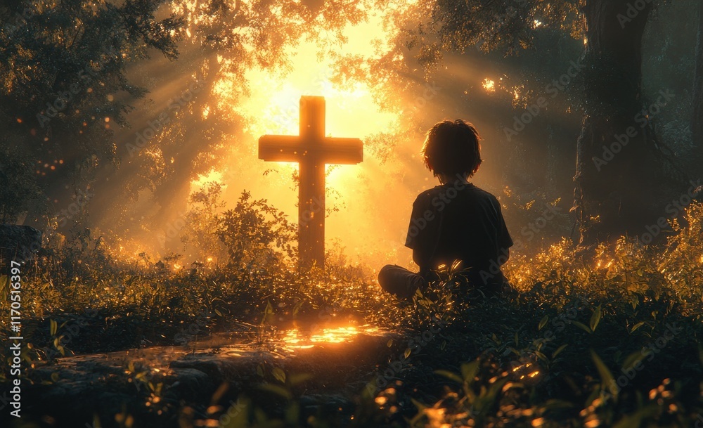 Young Boy Praising Lord in Prayer at Wooden Cross in Serene Landscape ...