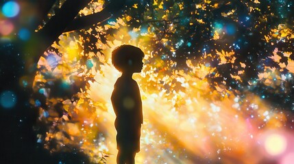 Poster - Glowing child stands silently in a radiant forest at dusk surrounded by shimmering lights