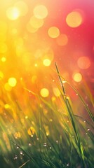 Aufkleber - Vibrant sunrise illuminates dew-kissed grass, creating a magical atmosphere in the early morning light