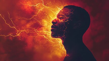Poster - Vibrant portrait of a man surrounded by glowing energy and dynamic colors expressing a moment of intense emotion
