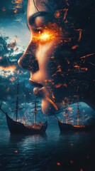 Poster - Glowing woman's face merges with fiery ships against a dramatic twilight sky