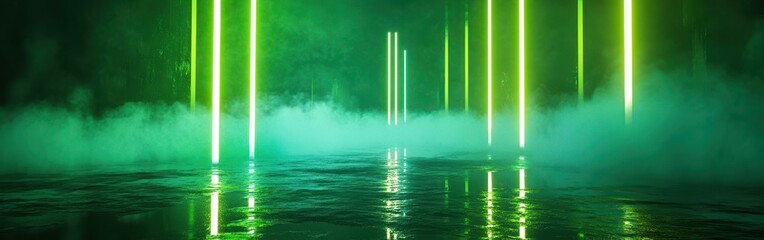 Poster - Vibrant green neon lights reflect on a tranquil surface in an enchanting atmosphere during a mysterious night