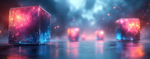 Poster - Futuristic Digital Landscape with Glowing Cubes for AI Data Transfer Communication and Technology Background