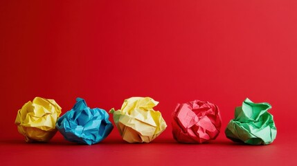 Poster - Colorful crumpled paper balls lined up against a vibrant red background, perfect for creative and artistic projects.
