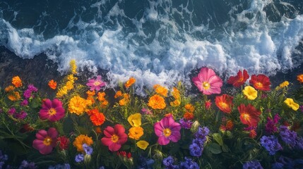 Aufkleber - Vibrant flowers bloom at a seaside cliff while waves crash against the shore under bright daylight