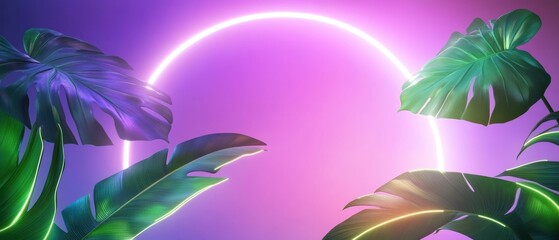 Wall Mural - Vibrant neon background with tropical leaves and glowing circular light, perfect for summer themes and modern aesthetics.