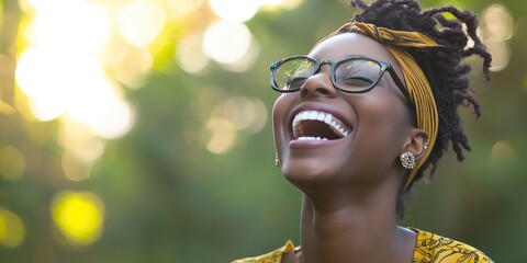 Fototapete - A candid photo of a person laughing in a natural outdoor setting.
