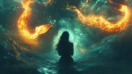 Leinwandbilder - Surreal depiction of a glowing woman surrounded by fiery aquatic creatures in a mystical ocean environment