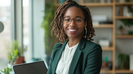 Poster - Stylish young woman smiles confidently in a modern office setting during a bright workday