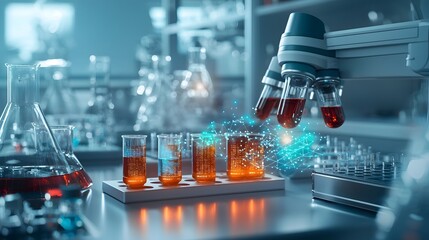 Poster - An advanced virus detection system enhanced by cutting edge quantum computing technology featuring glowing data overlays displayed in a sterile high tech laboratory setting  The system offers precise