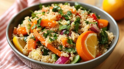 Poster - Colorful spring meal plan featuring a vibrant quinoa salad with fresh vegetables and citrus