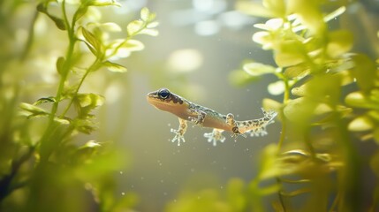 Poster - Small newt gracefully swims through crystal-clear water surrounded by lush aquatic plants