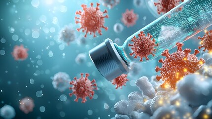 Poster - Quantum powered viral vaccine research taking place in a futuristic laboratory setting featuring glowing data streams and 3D models of virus structures