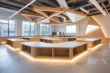 Poster - Innovative classroom design showcasing flipped learning concept in modern educational space with interactive workstations and collaborative areas
