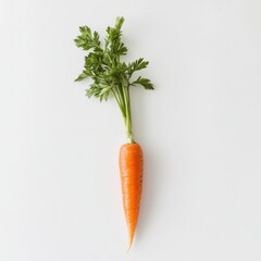 Poster - Fresh carrot with vibrant orange skin and green leafy top displayed on white background