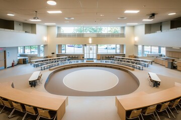 Poster - Innovative classroom design for flipped learning modern educational facility interior photography collaborative learning environment wide-angle view engaging educational concepts
